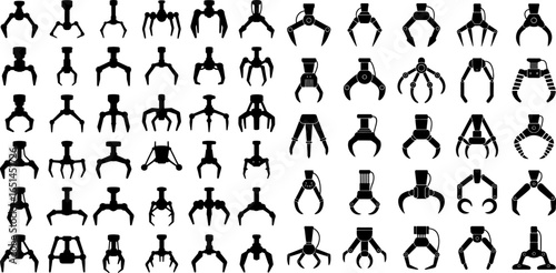 Vector set of various robot claw and gripper silhouettes isolated on white background