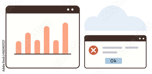 Bar graph in a dashboard window, error message popup with Ok button, and cloud graphic. Ideal for data visualization, analysis, error handling, cloud computing, technology, software issues simple