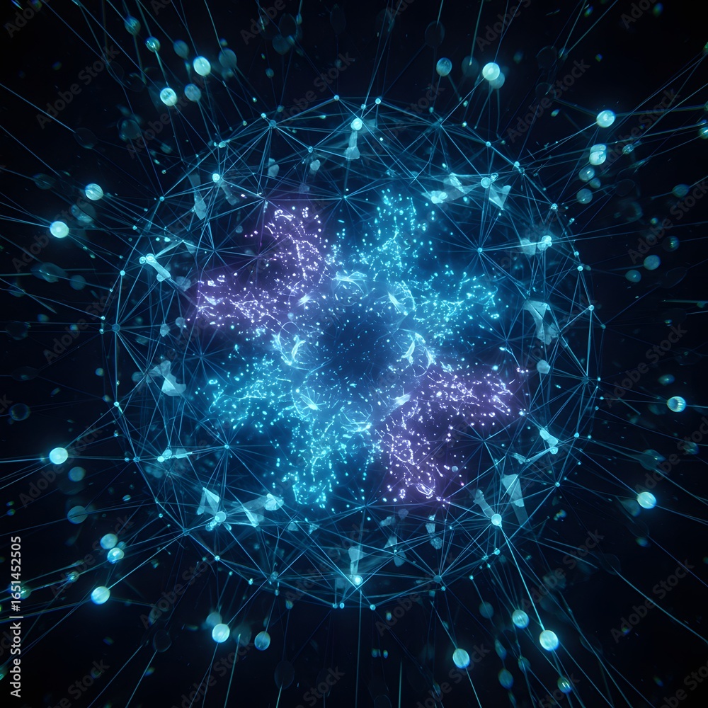 Obraz premium Dynamic digital network connections in vibrant blue and purple, data visualization concept