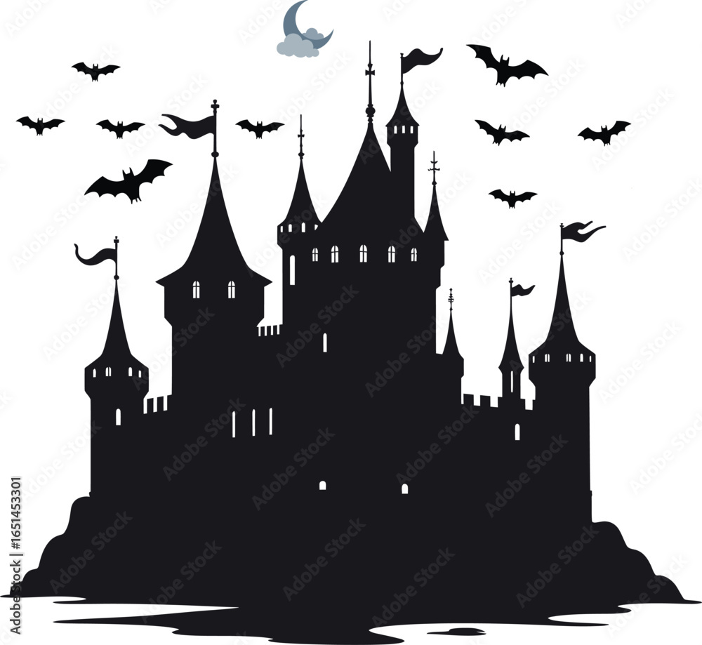 Obraz premium Haunted castle silhouette with bats and moon, gothic horror fantasy vector illustration