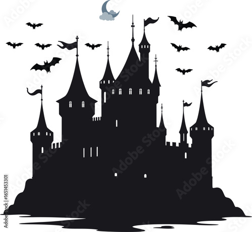 Haunted castle silhouette with bats and moon, gothic horror fantasy vector illustration