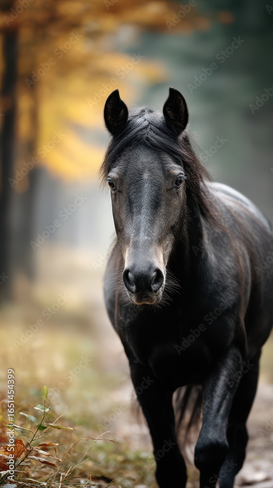 Fototapeta premium Black horse walking through a misty autumn forest path surrounded by colorful leaves