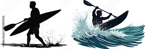Kayaker carrying kayak on beach and paddling through ocean waves, adventure watersport silhouettes vector illustration