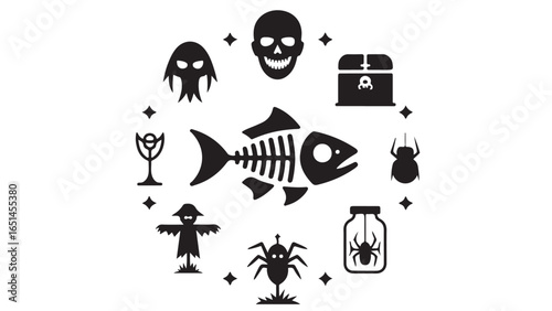 A Mysterious Circle of Spooky Halloween Icons Featuring a Skeletal Fish in the Center with Ghosts and Ghouls