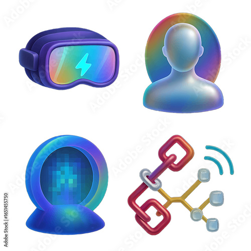 Metaverse icons featuring VR headset avatar portal and blockchain for virtual worlds