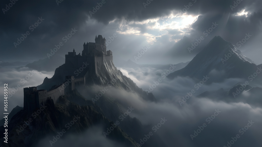 Obraz premium Dark castle looms over a mystical fantasy landscape with swirling clouds and dramatic lighting