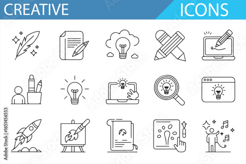 Set of Creative Icons Featuring Lightbulbs, Design Tools, and Innovation Concepts