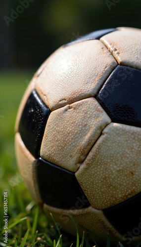 Close-up view of a worn football, showing details, rough, stitches, aged