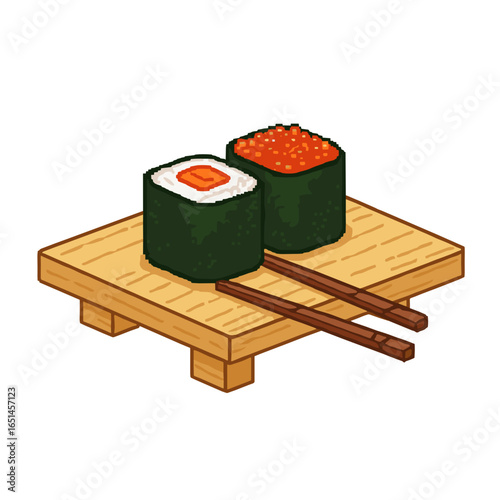 Sushi rolls served on wooden plate with chopsticks 