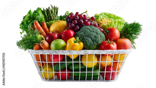 Wicker basket full of fresh vegetables and fruits isolated on transparent background