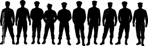 Group of army soldier silhouettes standing in a row isolated on white background