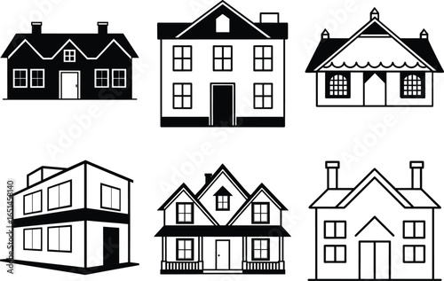 Collection of Six Distinct House Silhouettes for Architectural Design and Property Graphics