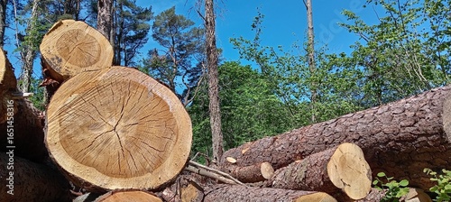 Logging process in a forest with freshly cut tree trunks under a clear blue sky