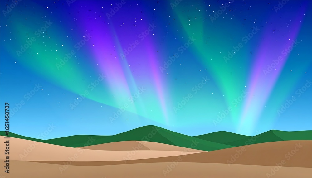 Obraz premium Nighttime landscape with aurora borealis over hills.