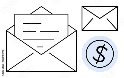 Open envelope with paper, closed envelope, and dollar sign circle conveying communication, payment, and document exchange. Ideal for payment, finance, communication, transactions billing email