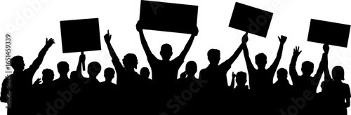 Silhouette of protesting crowd holding blank signs on white background