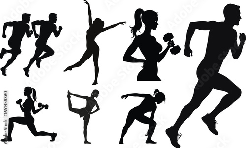 Women fitness workout poses silhouette set, aerobics yoga Pilates and gym exercise vector illustration