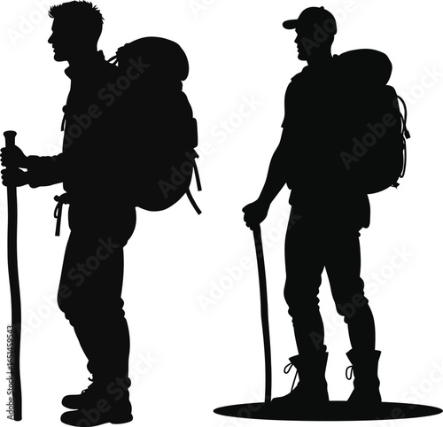 Hikers with backpacks standing together holding trekking poles, outdoor trekking adventure silhouette vector illustration