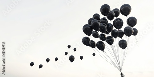 Black Balloons Ascending A Cluster and Dispersion Composition, Black and White Image, Loss and Letting Go Concept, Photography Black Balloons, Grief