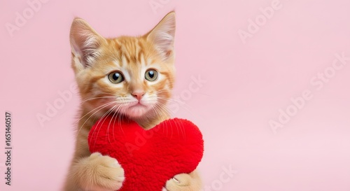 Adorable orange kitten holding a red heart against a pink background, symbolizing love and affection, perfect for valentines day or any romantic occasion