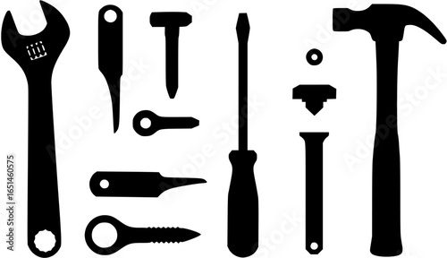 Black silhouette of tools and fastener wrench screwdriver, Hammer
