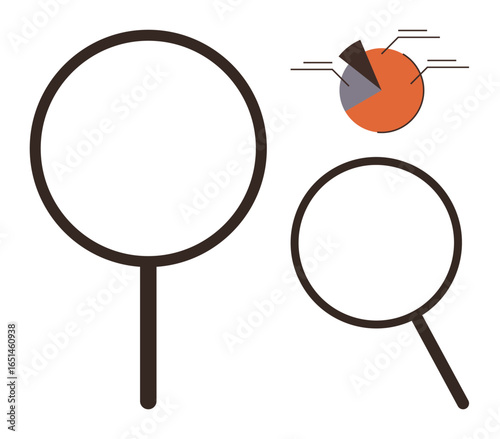Magnifying glass focusing on pie chart sections with various shades. Ideal for data analysis, research, problem-solving, exploration, business study, market trends, and insight generation. A simple