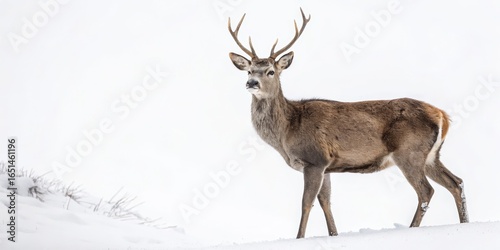 Solitary Sika Deer in Winter Snowscape Profile, Side View Composition, Wildlife Photography Sika Deer, Winter Wildlife