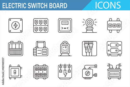 Set of Electric Switchboard Icons Representing Power and Circuit Elements