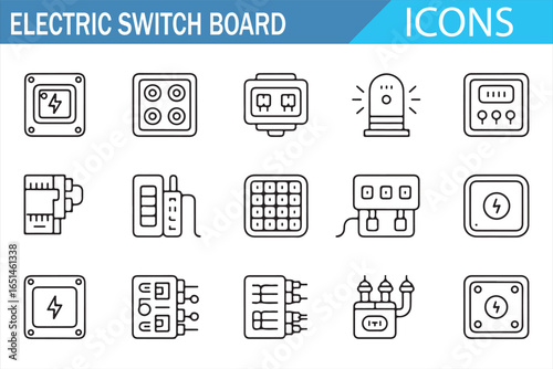 Electric Switchboard Icons Set with Power, Wiring, and Circuit Symbols for Electrical Design and Engineering