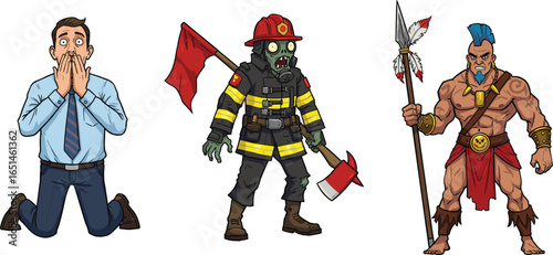 Vector illustration, diverse characters, kneeling businessman, zombie firefighter with axe, tribal warrior with spear, fantasy