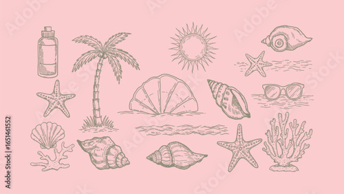 Hand drawn Sketchy Beach Elements Summer Holiday Decorative Set Illustration