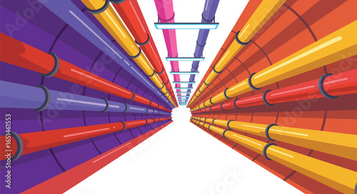 Stylized Flat Vector Illustration of a Vibrant Utility Tunnel with Pipes and Lights