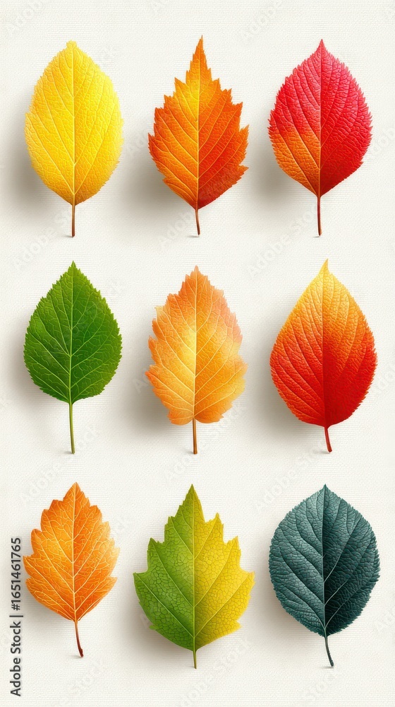 Fototapeta premium Collection of vibrant autumn leaves displaying various colors and textures arranged on a light background