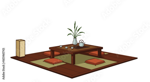 Stylized vector illustration of a serene zen tea room, calm and peaceful space