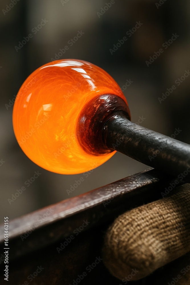 © Denys - Close-up of molten glass on blow pipe at glassblowing studio © Denys - Close-up of molten glass on blow pipe at glassblowing studio