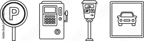 Collection of Parking Related Icons Featuring a Parking Sign Ticket Machines and a Vehicle Symbol
