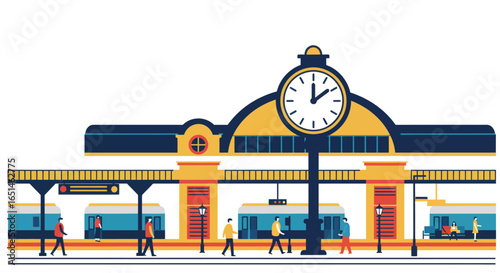 Colorful flat vector illustration of a train station with a big clock