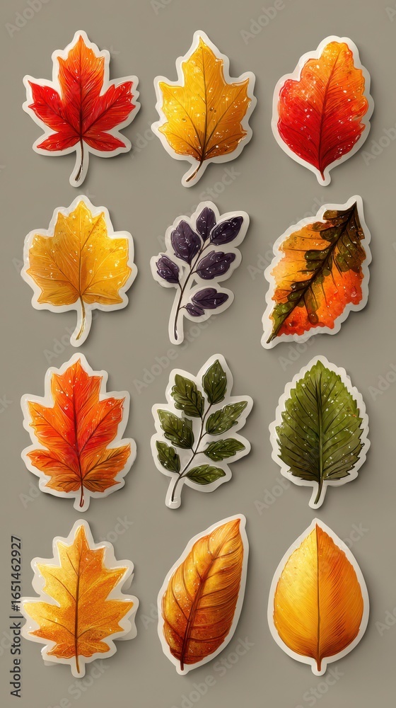 Fototapeta premium Colorful autumn leaves in various shapes and colors featured as decorative stickers on a neutral background