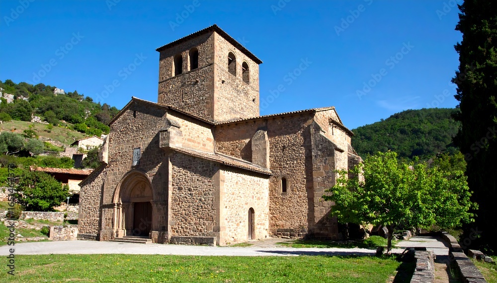 Fototapeta premium Stone church with tower, nestled in hills