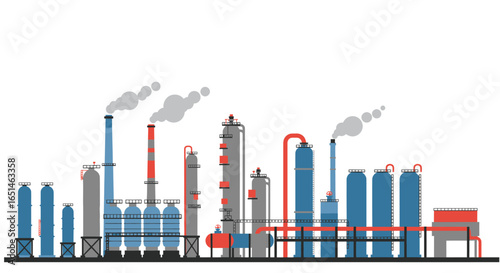 Stylized flat vector illustration of an oil refinery complex on white