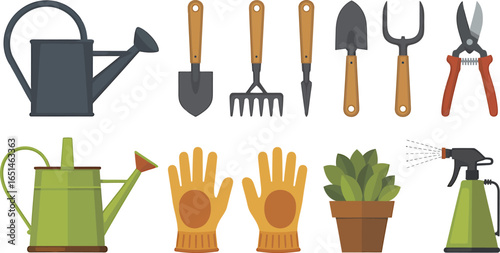 Garden tools and gloves set with shovel rake trowel pruner and potted plant flat vector illustration