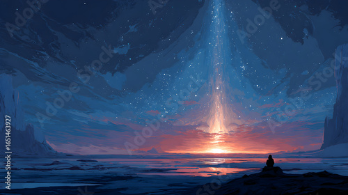An astronaut kneels before a radiant cosmic pillar rising from obsidian plains, digital art style, illustration painting