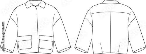 jacket front and back view, technical cad drawing flat vector illustration, collar, flap pockets, yoke, long sleeves, apparel design template, garment construction, fashion design