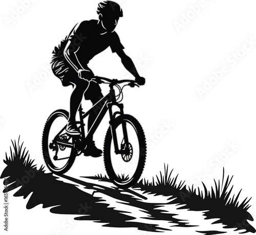 Cyclist Riding Mountain Bike through Tall Grass, Side-View Silhouette Outdoor Adventure Sport Vector Artwork