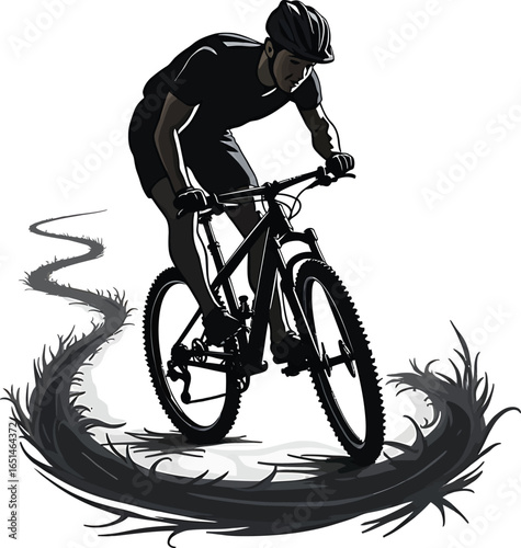  Mountain Biker Silhouette on Winding Dirt Trail with Grass and Dust Splash, Extreme Off-Road Cycling Vector Illustration
