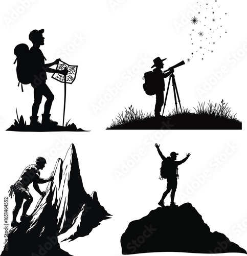 Silhouette of a photographer with a backpack, capturing a moment of music and dance, featuring people and instruments like guitar, violin, and saxophone in a lively scene