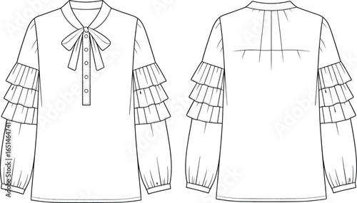Front and back technical drawing of ruffle sleeve blouse, bow tie neckline, yoke pleat, fashion flat vector, garment construction, apparel design illustration
