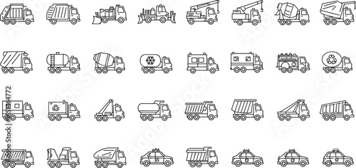 Collection of trucks and commercial vehicles icons, outline vector illustration for transportation, construction, cargo, and logistics graphic design