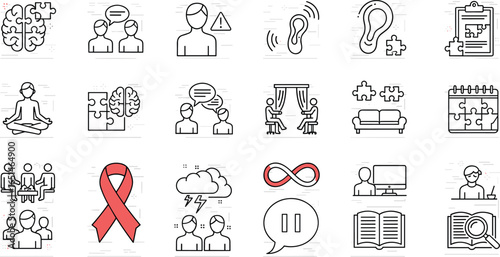 Mental health and psychology icons set, outline vector illustration for counseling, autism, support groups, and awareness graphics