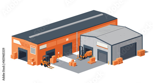 Stylized isometric vector illustration of a distribution warehouse complex